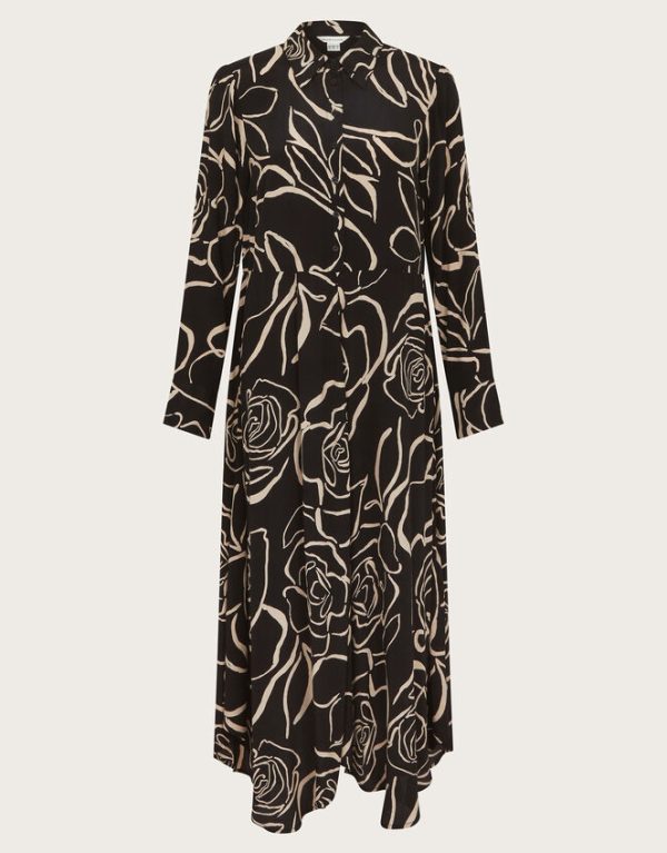 Monsoon Mary Monochrome Floral Midi Shirt Dress Black - Image 6