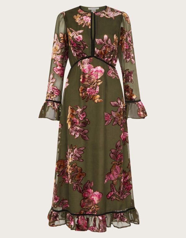 Monsoon Lucille Devore Floral Midi Dress Green - Image 6