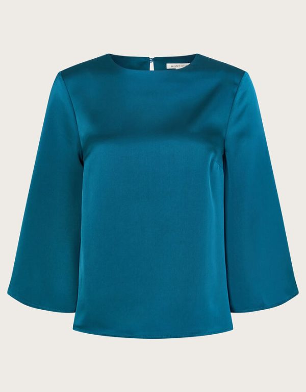 Monsoon Ingrid Bell Sleeve Satin Top Blue - Image 6