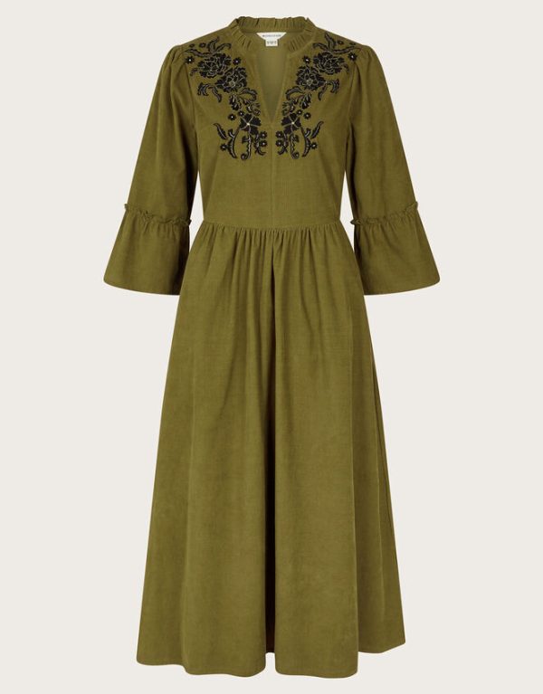 Monsoon Edith Embroidered Corduroy Midi Dress Green - Image 6