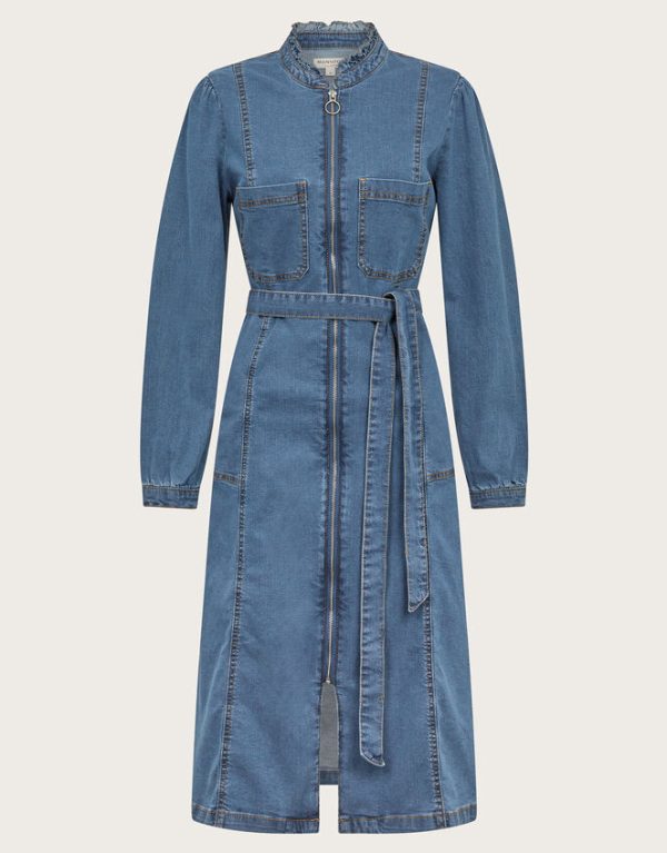 Monsoon Izzy Long Sleeve Denim Zip Midi Dress Blue - Image 6