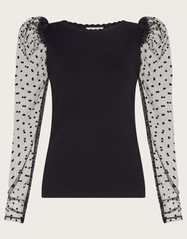 Monsoon Mimi Polka Dot Sleeve Jumper Black - Image 5