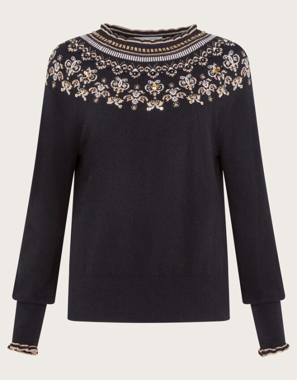 Monsoon Flo Sequin Fair Isle Jumper Black - Image 5