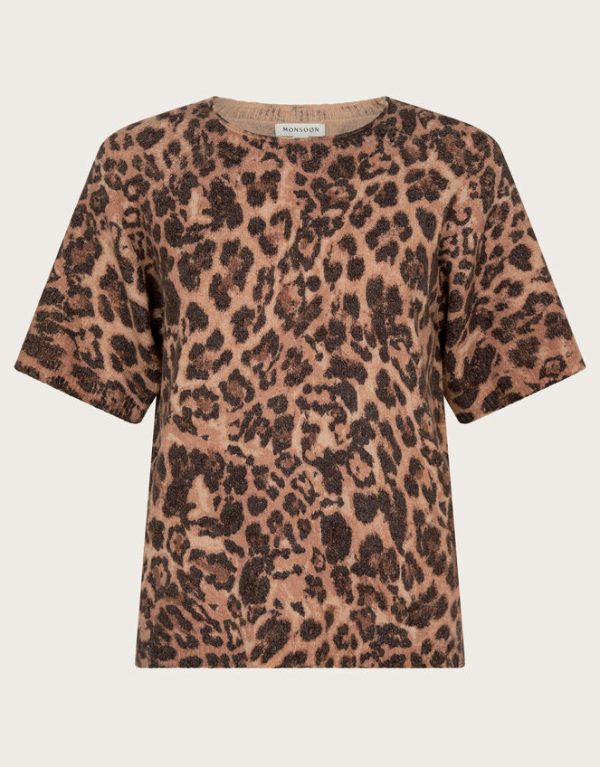 Monsoon Amy Leopard Print Short Sleeve Jumper Brown - Image 5