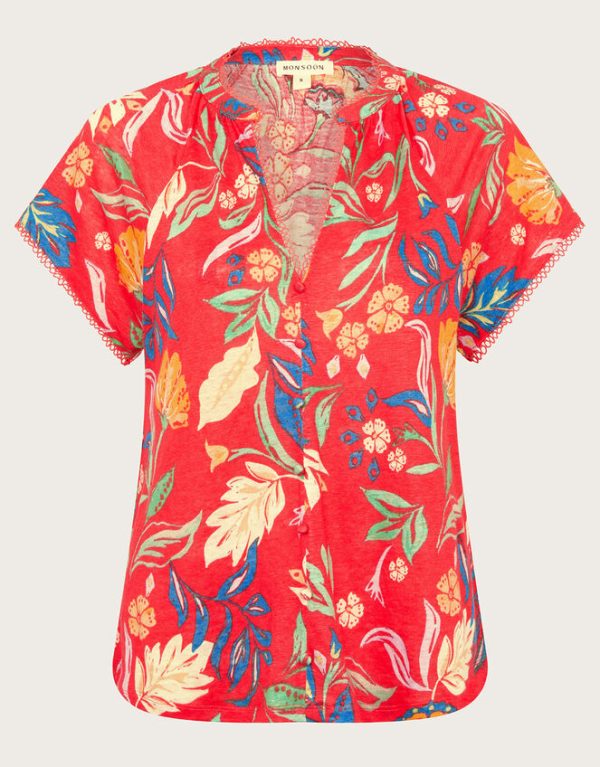 Monsoon Alma Print Linen T-Shirt Red - Image 5