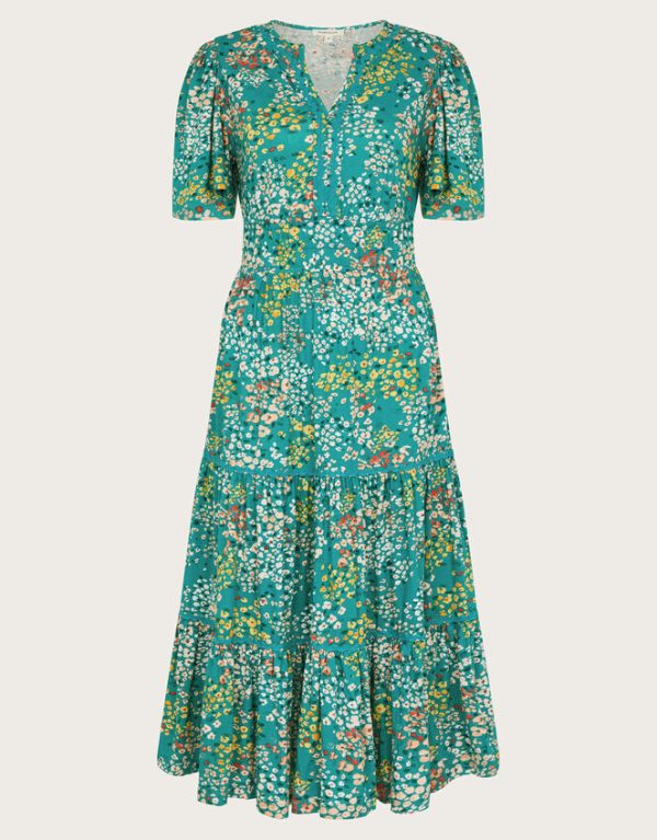 Monsoon Micola Short Sleeve Floral Midi Dress Teal - Image 5