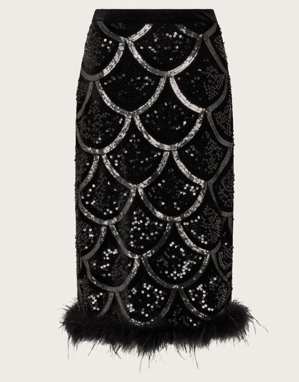 Monsoon Sira Sequin Feather Pencil Skirt Black - Image 6