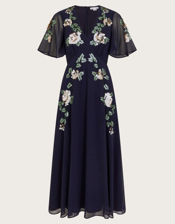 Monsoon Cora Floral Embellished Midi Tea Dress Blue - Image 5