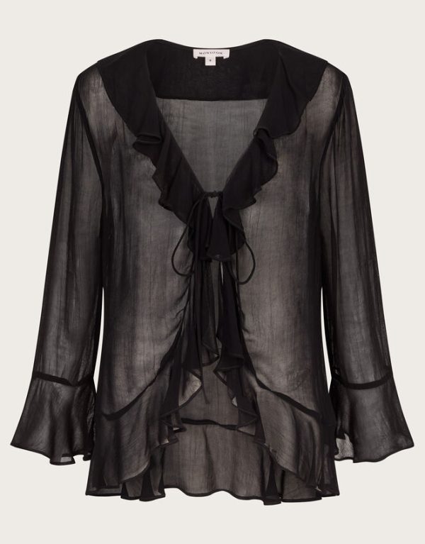 Monsoon Fiona Sheer Frill Tie-Front Blouse Black - Image 6