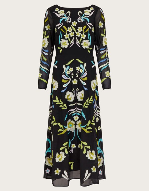 Monsoon Ellen Embroidered Floral Midi Dress Black - Image 5