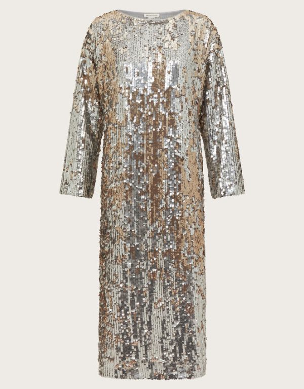 Monsoon Marie Long Sleeve Sequin Midi Dress Silver - Image 6