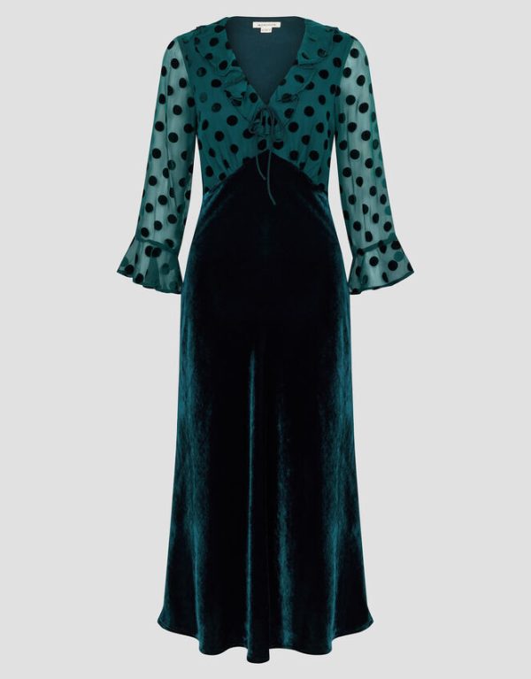 Monsoon Dora Polka Dot Velvet Midi Dress Teal - Image 6