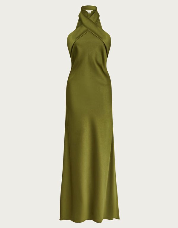 Monsoon Jodie Halter Satin Maxi Dress Green - Image 5