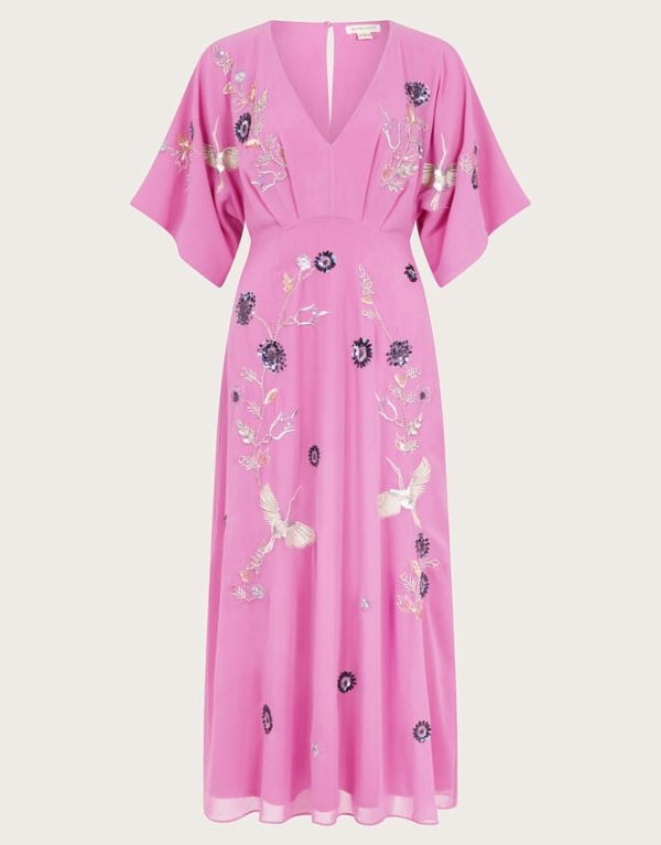 Monsoon Rosalie Embellished Midi Kimono Dress Pink - Image 5