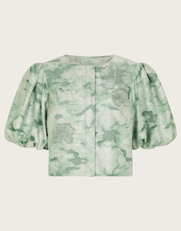 Monsoon Josie Puff Sleeve Floral Jacquard Top Green - Image 6