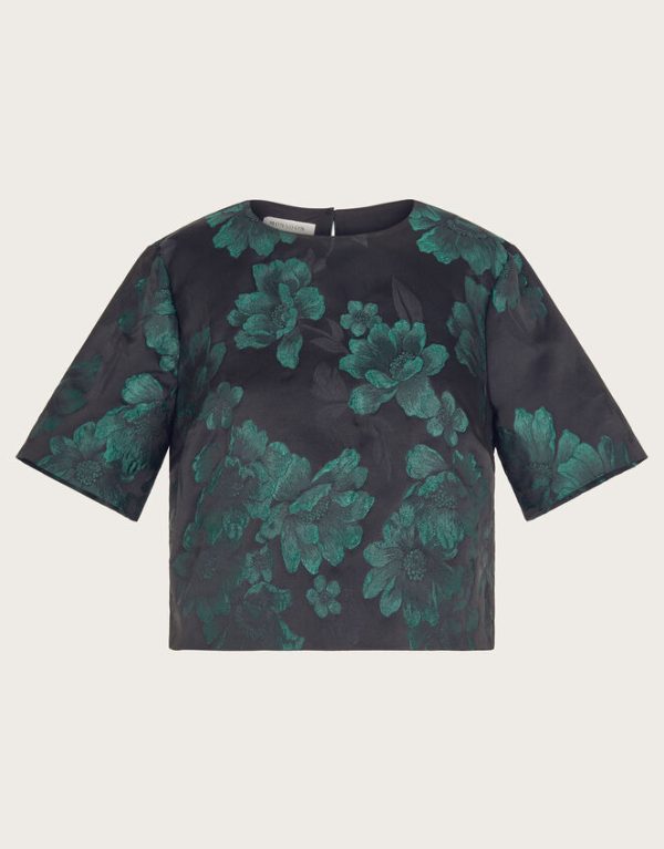 Monsoon Julie Jacquard Short Sleeve Crop Top Green - Image 6