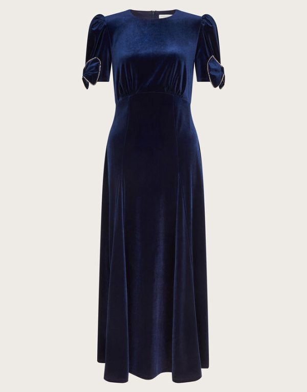 Monsoon Belle Bow Sleeve Velvet Midi Dress Blue - Image 6