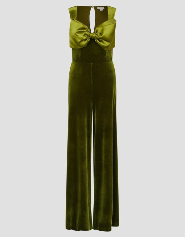 Monsoon Monsoon x Sarah Corbett-Winder Satin Bow Velvet Jumpsuit Green - Image 5