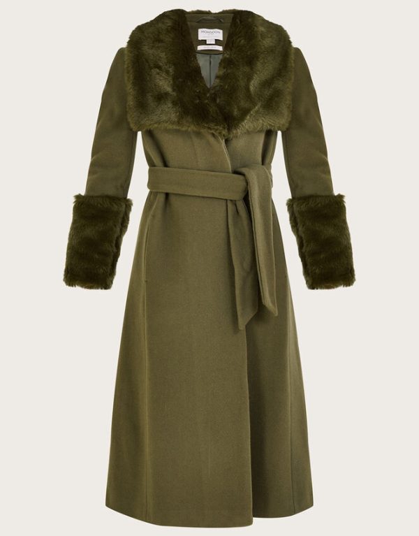 Monsoon Sadie Faux Fur Trim Wrap Coat Green - Image 4