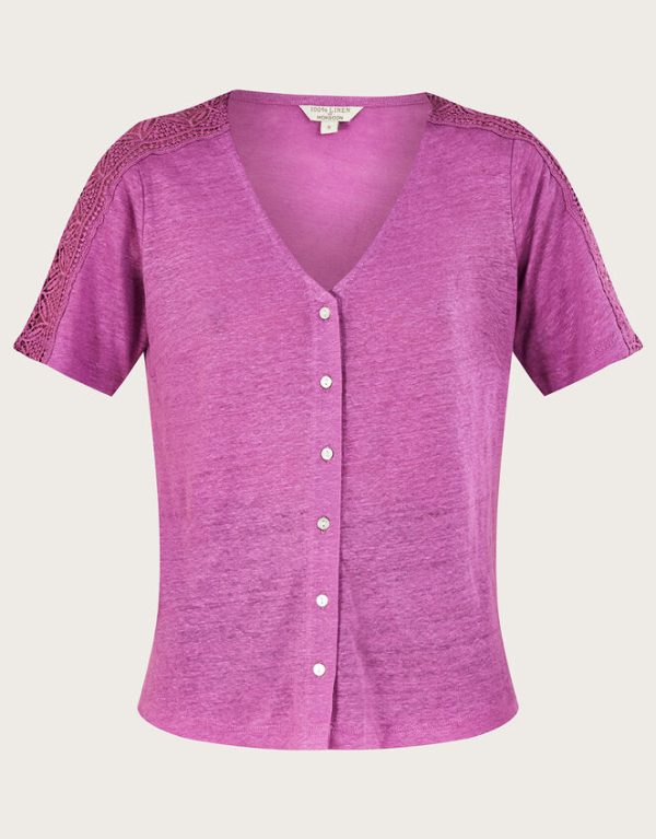 Monsoon Button Through Lace Linen T-Shirt Purple - Image 5