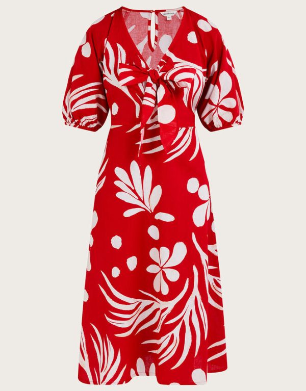 Monsoon Midi Dress Abstract Palm Print Tie Front Midi Dress Red - Image 5