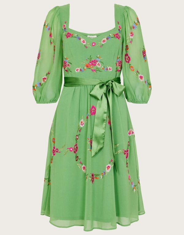 Monsoon Emelia Floral Embroidered Dress in Recycled Polyester Green - Image 5