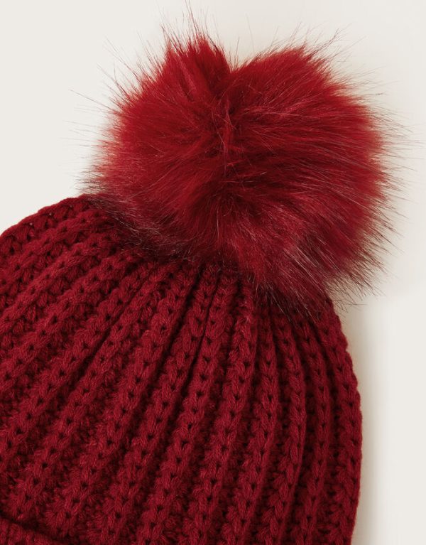 Monsoon Lilia Ribbed Faux Fur Bobble Hat Red - Image 2