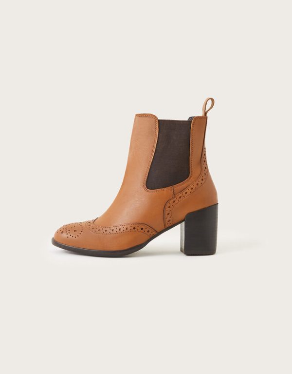 Monsoon Classic Leather Heeled Brogue Boots Tan - Image 2