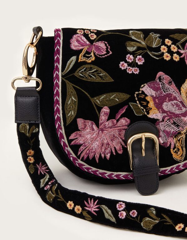 Monsoon Freya Embroidered Velvet Saddle Bag Black - Image 3