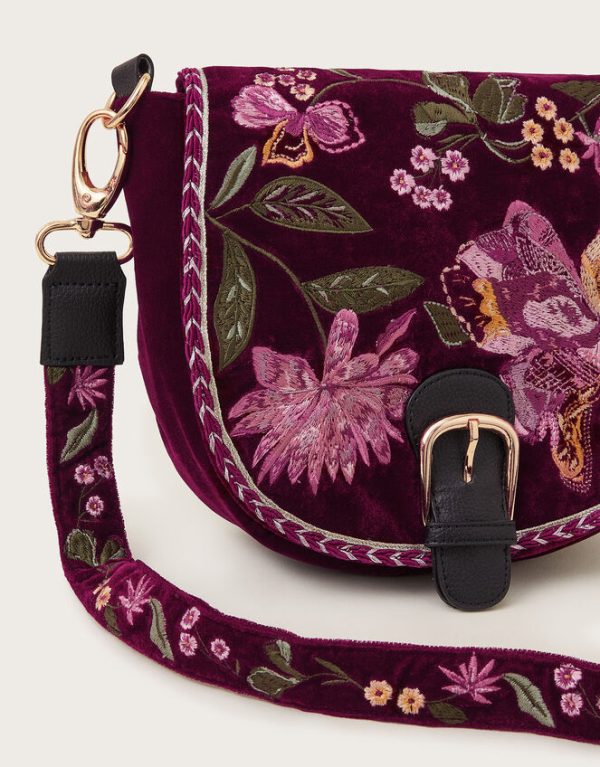 Monsoon Freya Embroidered Velvet Saddle Bag Red - Image 3