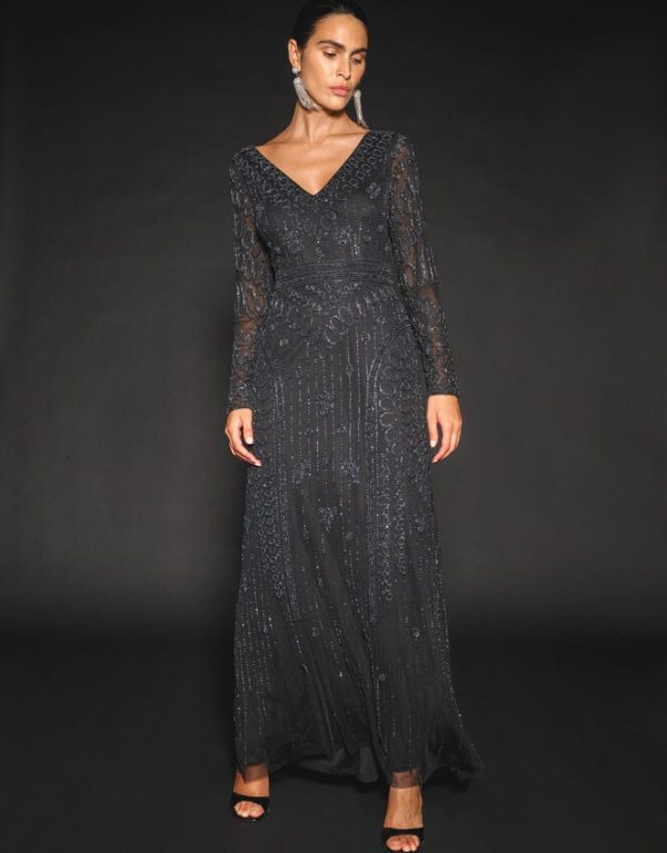 Monsoon Lorelai Beaded Long Sleeve Maxi Dress Black - Image 6