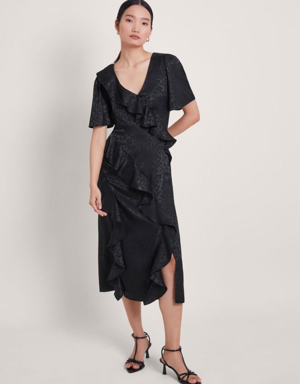 Monsoon Luna Satin Ruffle Dress Black