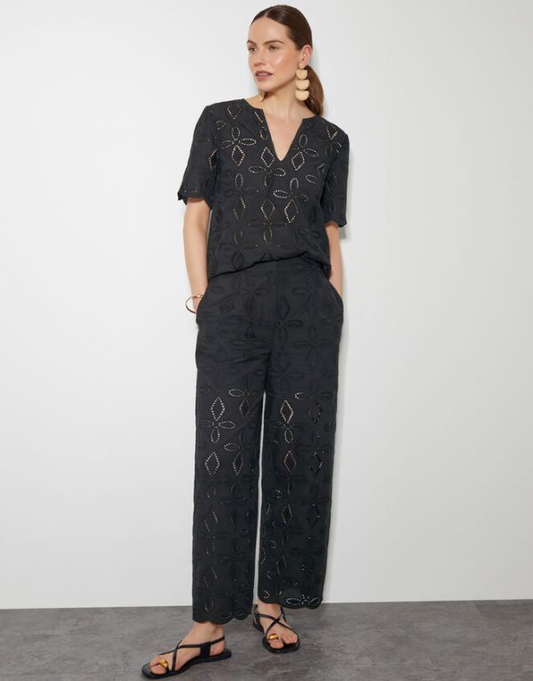 Monsoon Brooke Broderie Wide Leg Trousers Black