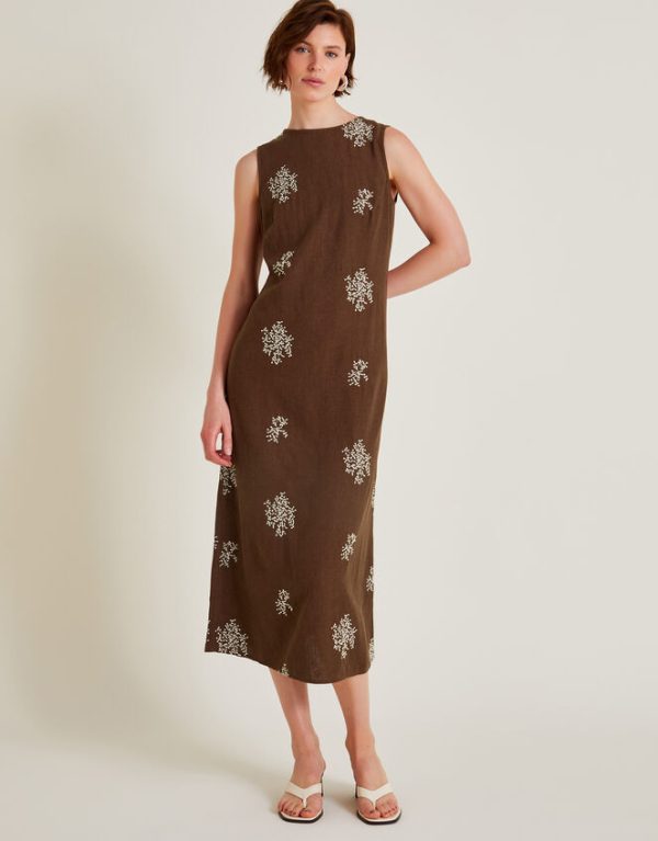 Monsoon Aria Embroidered Sleeveless Midi Dress Brown