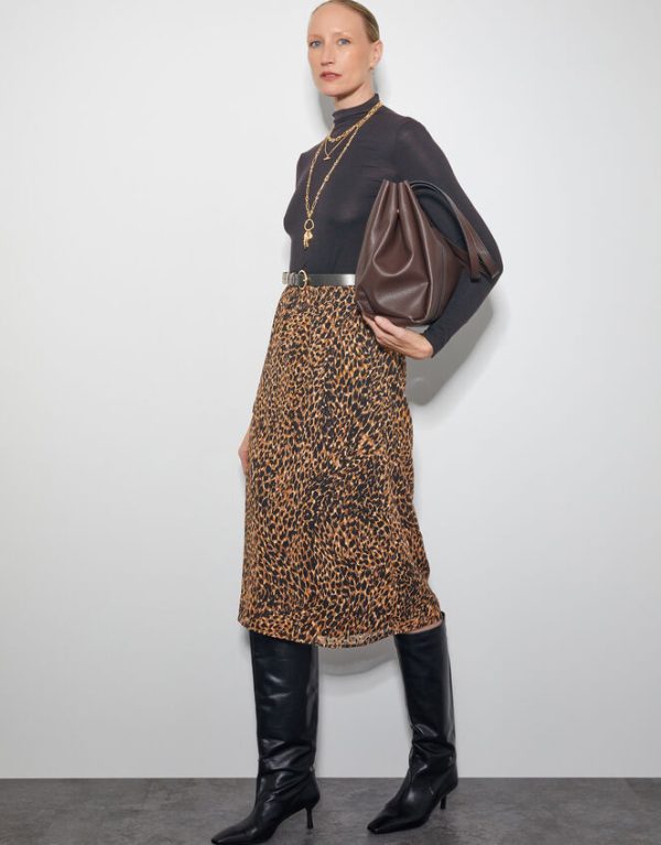 Monsoon Liza Leopard Print Midi Skirt Brown