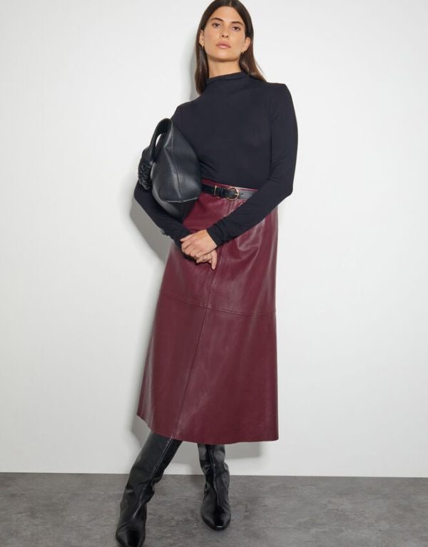 Monsoon Pippa Faux Leather Midi Skirt Red