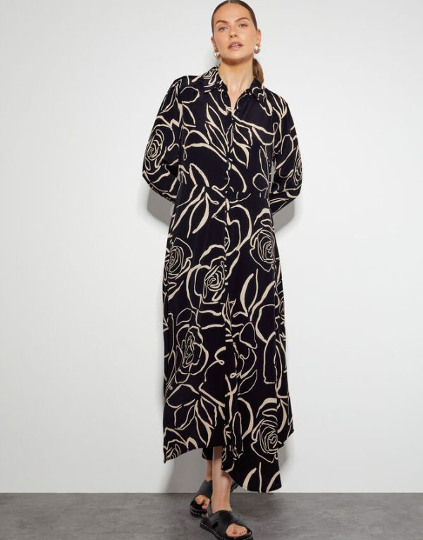 Monsoon Mary Monochrome Floral Midi Shirt Dress Black