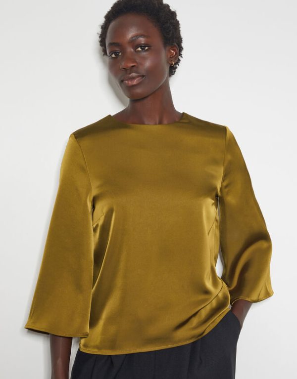 Monsoon Ingrid Bell Sleeve Satin Top Green