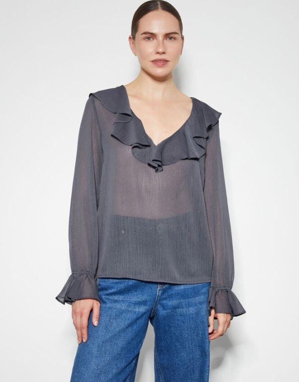 Monsoon Emmy Sheer Sparkle Frill Blouse Grey