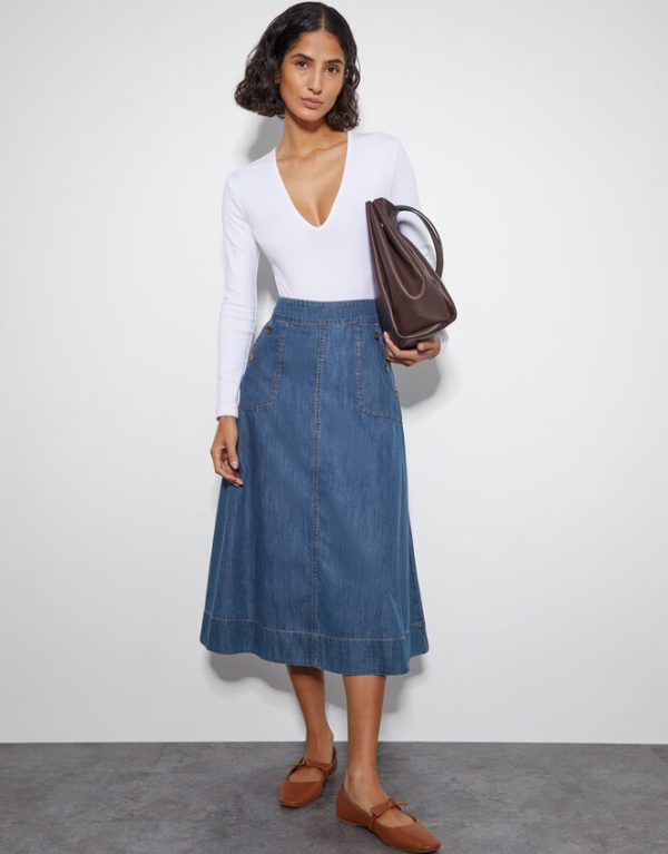 Monsoon Harper A-Line Denim Midi Skirt Blue