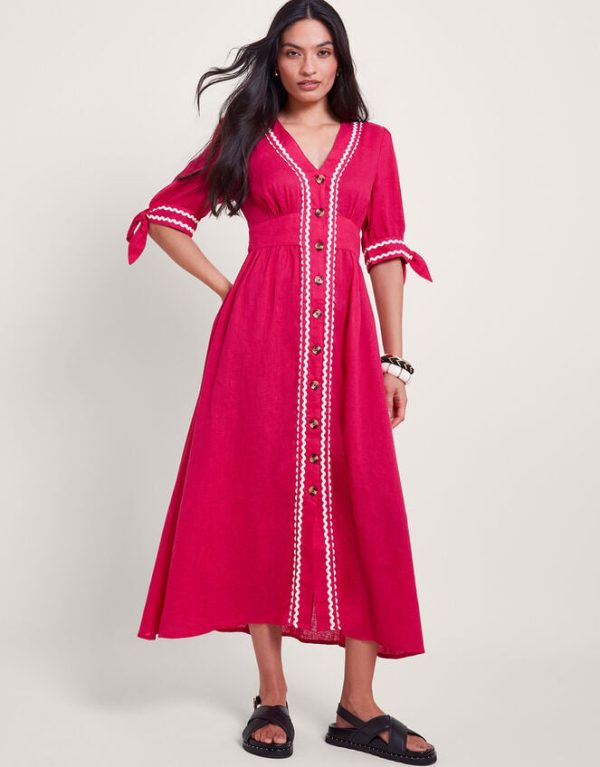 Monsoon Lita V-Neck Ric Rac Midi Dress Pink