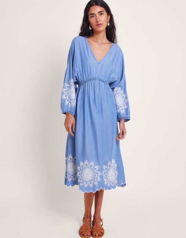 Monsoon Tabitha Embroidered Denim Dress Blue