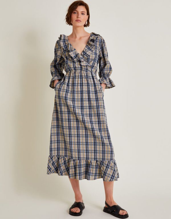 Monsoon Daisy Check V-Neck Midi Dress Natural