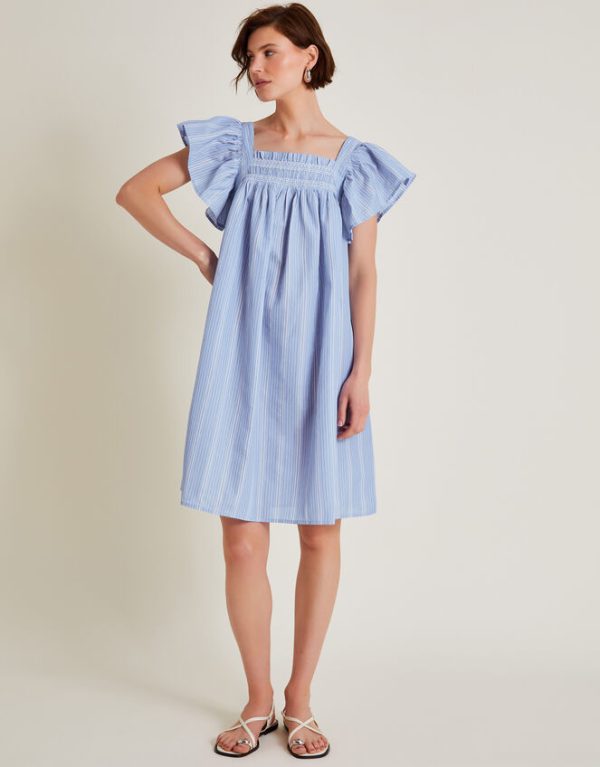 Monsoon Dora Smock Frill Mini Dress Blue