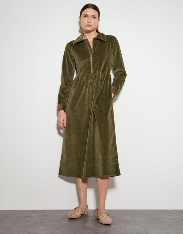 Monsoon Alana Cord Zip Midi Dress Green