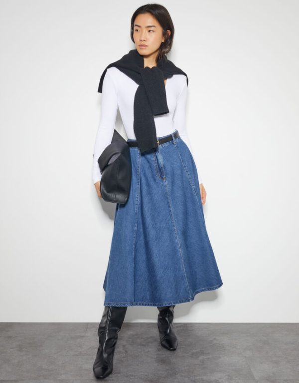 Monsoon Sara Denim A-Line Midi Skirt Blue