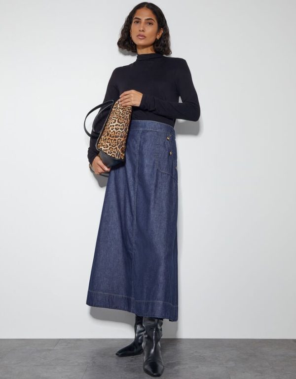 Monsoon Harper A-Line Denim Maxi Skirt Blue