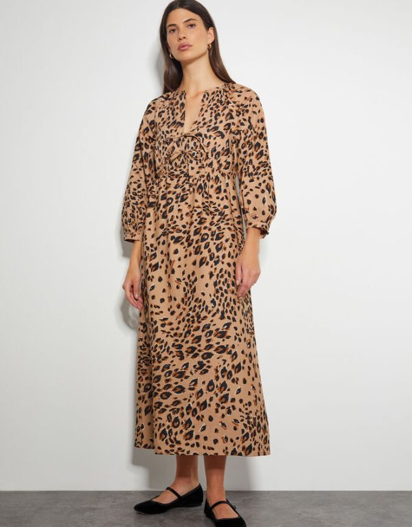 Monsoon Raife Leopard Print Tie Midi Dress Natural