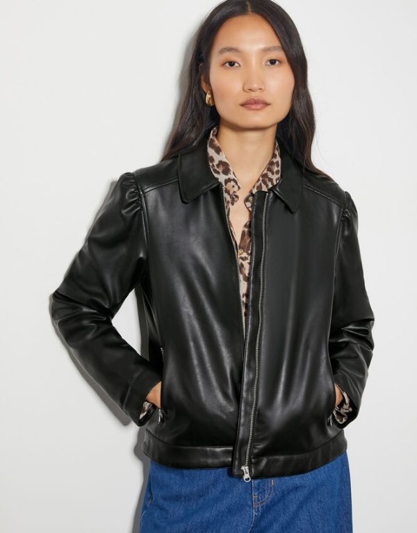 Monsoon Bella Faux Leather Bomber JacketBlack