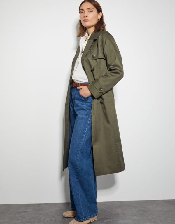 Monsoon Matilda Midi Trench Coat Green